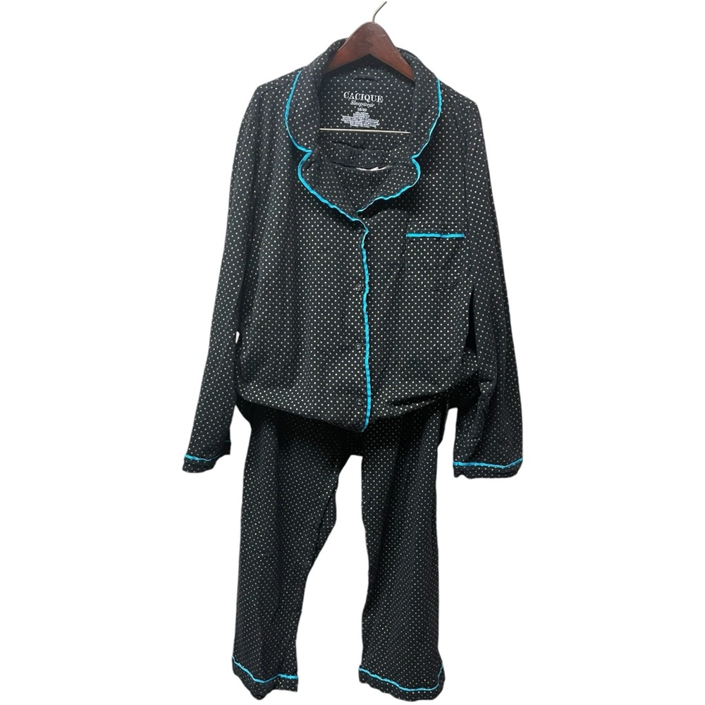 CACIQUE Pajama Set Cotton Black/Gold Polka Dot Turquoise Trim Size 18/20